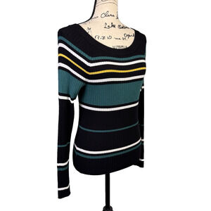 Express Ribbed Pullover Sweater Long Sleeve Scoop Neck Stretch Stripes Sz M Y2K